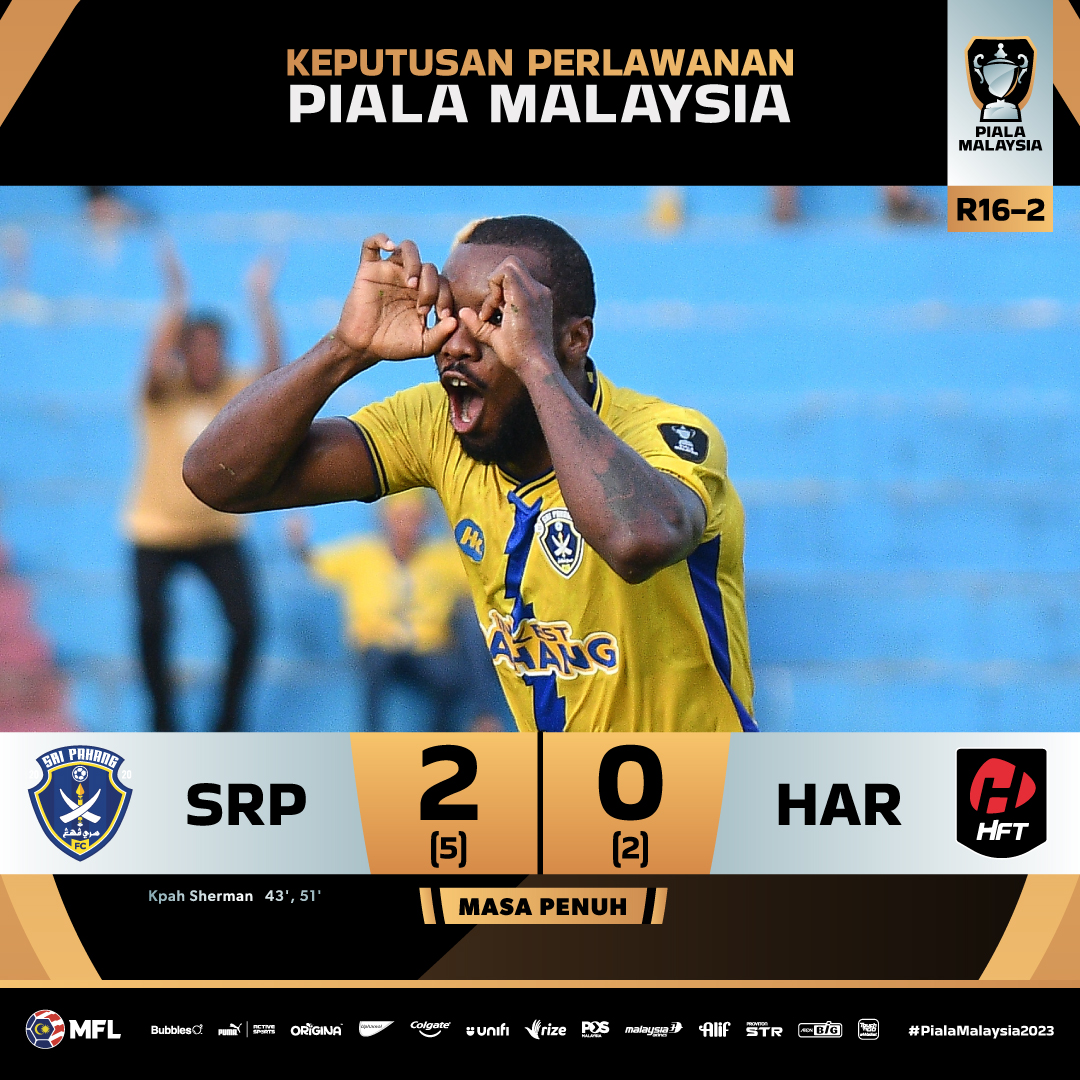 KEPUTUSAN MASA PENUH - PM R16-2

Jaringan Kpah Sherman menambah jurang agregat memastikan Sri Pahang FC mara ke pusingan seterusnya untuk bertemu dengan Kuala Lumpur City FC di suku akhir Piala Malaysia 2023!

#PialaMalaysia2023 #DemiLigaKita