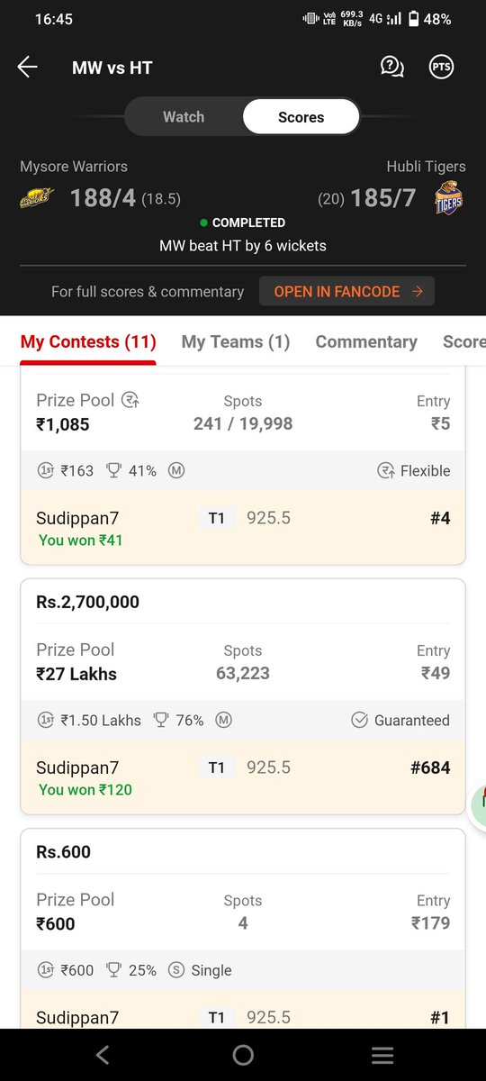 Sudippan7's tweet photo. Again Ultra Cleansweep in KSCA T20😍❤️
 Upto mini gl😍😍
Keep Calm and Believe Yourself❤️❤️
#KSCAT20 #Dream11 #CricketTwitter #Prediction 
@Alone_Marwari @arjunkumar318 @fantasy1Cricket @RAMESHINFO1 @nikhil619_ @Lokendr_123 @snehakumarreddy @D11_Venkydhoni https://t.co/DPlAQEC2MV