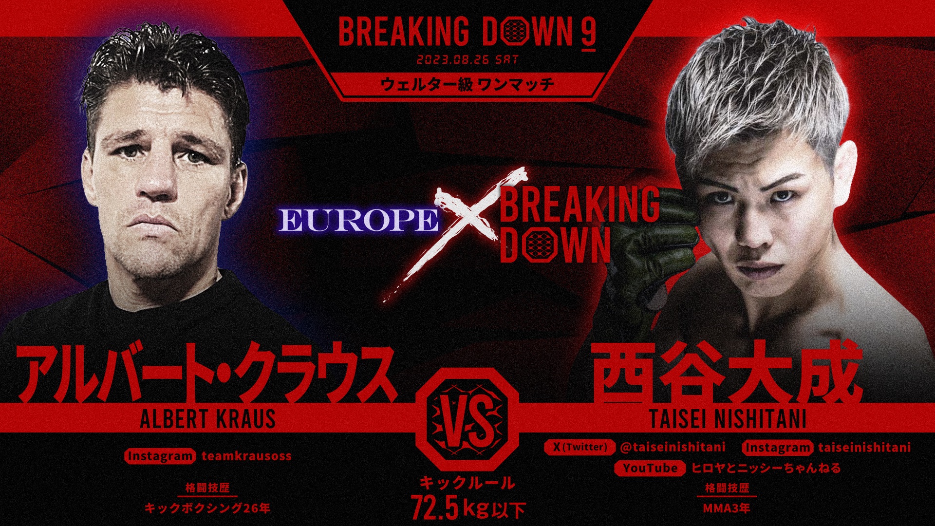 BreakingDown / ブレイキングダウン on X: "／ BreakingDown9 対戦カード発表📣 ＼ 🥊ウェルター級スペシャルワンマッチ72.5kg以下🥊 アルバート・クラウス選手 🆚 西谷 大成選手(@taiseinishitani) 🗓8/26(土)13:00開始予定 ▽各種チケットの購入はこちら https://t.co ...