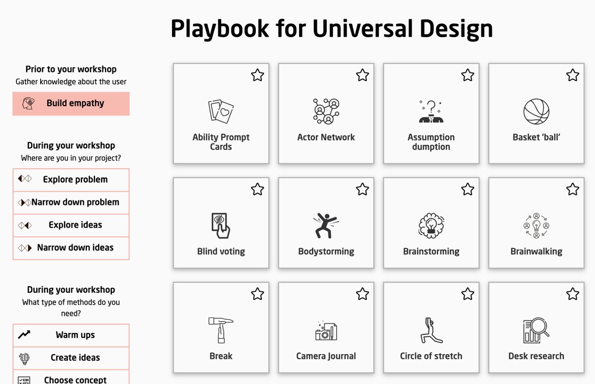 vitalyf's tweet image. 💎 Playbook For Universal Design (universaldesignguide.com), a fantastic collection of inclusive design methods for UX workshops, with tips on how to accommodate participants with diverse abilities. With step-by-step guidelines, facilitating tips and materials needed.