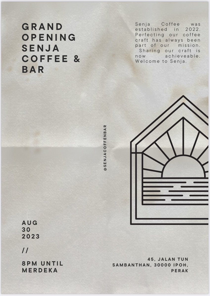 Senjacoffeenbar's tweet photo. SENJA COFFEE &amp; BAR akan menawarkan semua jenis minuman dengan harga RM6.60 pada 30 aug 2023 (8pm-12am).

@MohKeIpoh @petakopi_my @viralperak https://t.co/Hdp9MXMZMw