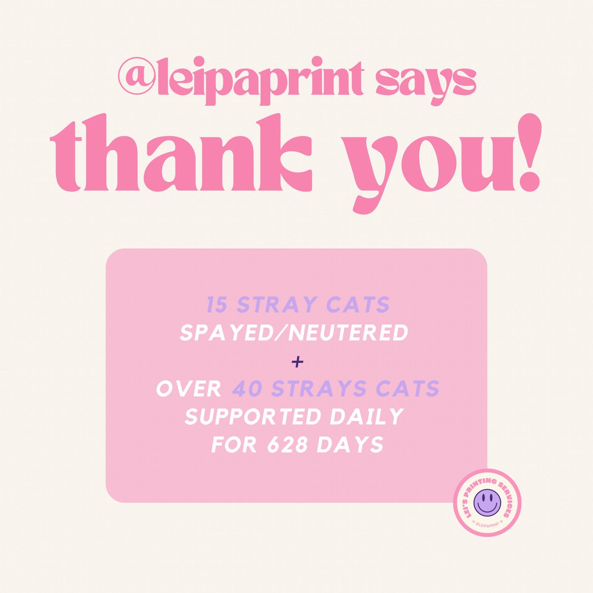 leipaprint's tweet photo. THANK YOU ── ★ ˙ ̟

leipaprint’s journey to help strays through printing services will be on hold. from the bottom of my heart, thank you for your support to our cause. i couldn’t have done it without your help 💗 https://t.co/hDDbd5cy82