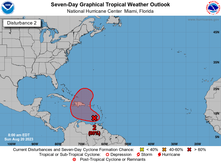 TWAPuertoRico's tweet photo. BOLETÍN 8AM:

Aumenta a 80% en 7 días el potencial ciclónico de la #Invest90L. Se espera que se convierta en depresión tropical durante los próximos días mientras se mueve al oeste-noroeste entre 10 a 15 mph. 🌀

Por el momento, se espera que este sistema pase por la República Dominicana. Independientemente de que se forme o no, se espera un evento significativo de lluvias para Puerto Rico. 

Los modelos sugieren entre 6 a 8 pulgadas de lluvia, mayormente sobre el este y sur de la isla a partir de esta noche hasta el miércoles. De igual manera hay que estar vigilantes ya que cualquier cambio en su trayectoria e intensidad puede suceder. ¡Atentos! 👀