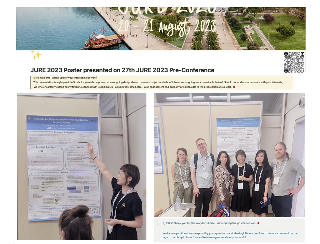 Lillanliu's tweet photo. Enjoyed the keynote and poster session at #JURE2023! Thanks all for a wonderful discussion! I really enjoyed it and was inspired by your questions and sharing! I created a page about our work, please feel free to leave a comment. Look forward to explore more at #earli2023！ https://t.co/029sI0RzHe