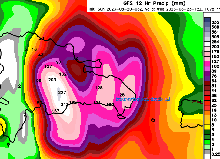 claudio_mj's tweet photo. 🚨INTENSOS ACUMULADOS SOBRE R.D🚨
El modelo GFS pronostica que la #Invest90L o posible #Depresión Tropical, provocora acumulados de lluvias de consideración en 12 horas sobre el territorio Dominicano a partir del miercoles
⚠️Gran Santo Domingo +195mm
⚠️San Cristóbal +215mm https://t.co/4SkH5YQSkb