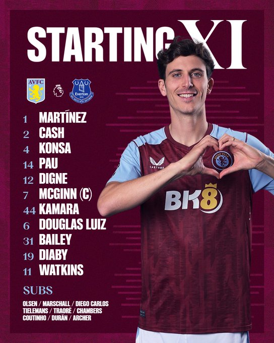 Aston Villa team to face Everton: Martínez, Cash, Konsa, Pau, Digne, McGinn (captain), Kamara, Douglas Luiz, Bailey, Diaby, Watkins. Substitutes: Olsen, Marschall, Diego Carlos, Tielemans, Traoré, Chambers, Coutinho, Durán, Archer.