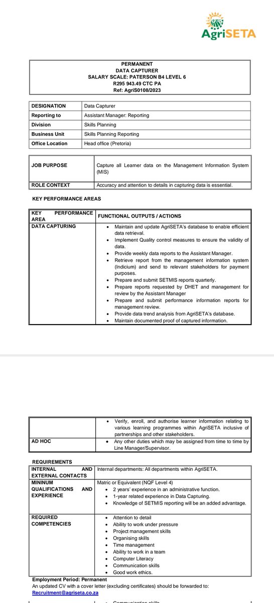 RMakukuli's tweet photo. AgriSETA

📌Data Capturer
📌Receptionist
📌Skills Planning and Research Intern x2

Updated CV (excluding certificates) should be forwarded to: 
Recruitment@agriseta.co.za /recruitment@agriseta.co.za 

Download the advert in PDF 
https://t.co/IXMSf0zzpK https://t.co/owf4V1xqzd