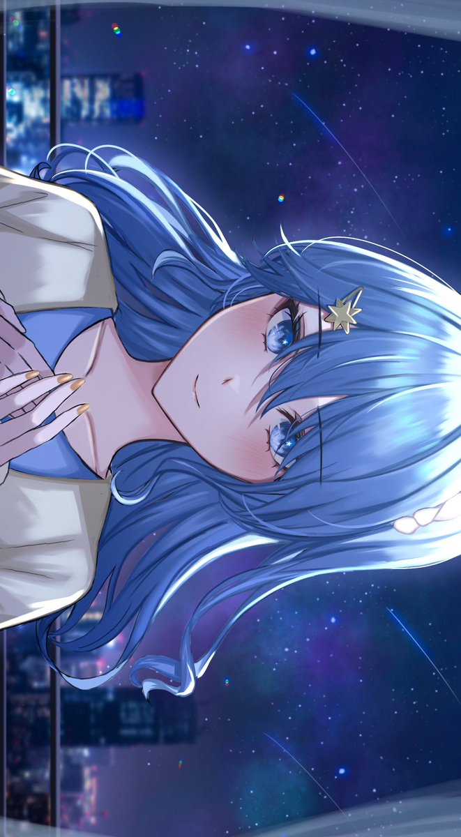 hoshimachi suisei 1girl blue hair solo blue eyes star (symbol) star (sky) night  illustration images