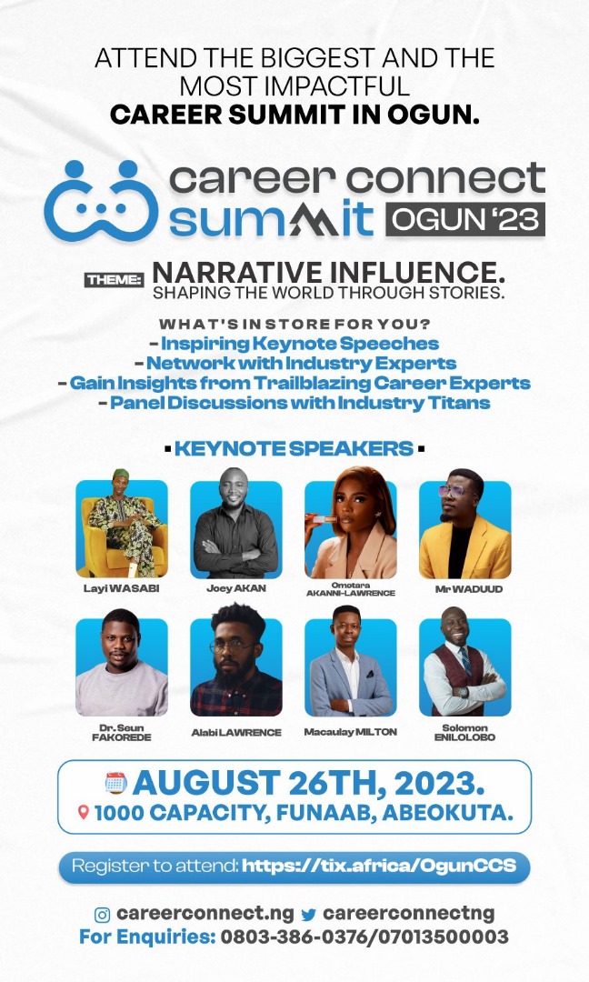 Letter_to_Jack's tweet photo. 🚨Are you ready for the biggest convergence of career experts, &amp; aspiring leaders in Ogun state?

Don't miss Career Connect Summit 2023 in Abeokuta this Saturday.

Featuring: @layiwasabi @JoeyAkan @_theladymo @the_Lawrenz @SolomonEnilolob @mrwaduud @TheSeunFakorede @MacaulayBM https://t.co/knYyZQNzN1