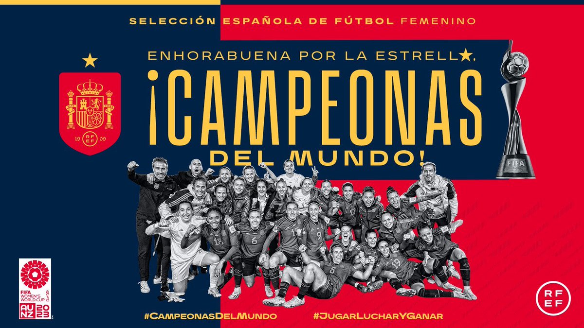 PSOE's tweet photo. ⭐️¡CAMPEONAS!

Habéis hecho historia. Hoy el mundo entero os admira a vosotras. ¡Enhorabuena! 🏆 🇪🇸

#CampeonasDelMundo #JugarLucharYGanar #FIFAWWC https://t.co/x6NPL6mbaO