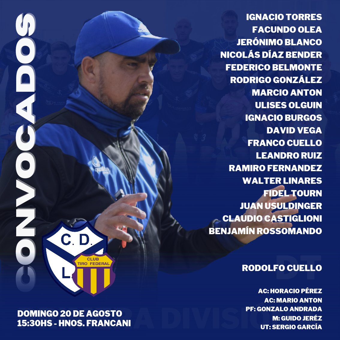 #Fútbol ⚽️ | 📢 ¡𝙃𝙊𝙔 𝙅𝙐𝙀𝙂𝘼 𝙀𝙇 𝘿𝙀𝙋𝙊! 🥳

🏆 Torneo Clausura - Fecha 5️⃣.
🆚️ La Armonía Vs Tiro Federal.
🗓 Domingo 20 de agosto.
🏟 Estadio: Hnos. Francani.
⏱ Hora: 15:30hs.
👨🏻‍⚖️ Árbitro: Pablo Leguizamón (ABA).

#𝗦𝗼ñ𝗲𝗺𝗼𝘀𝗝𝘂𝗻𝘁𝗼𝘀 💫
#VamosDepo 💙