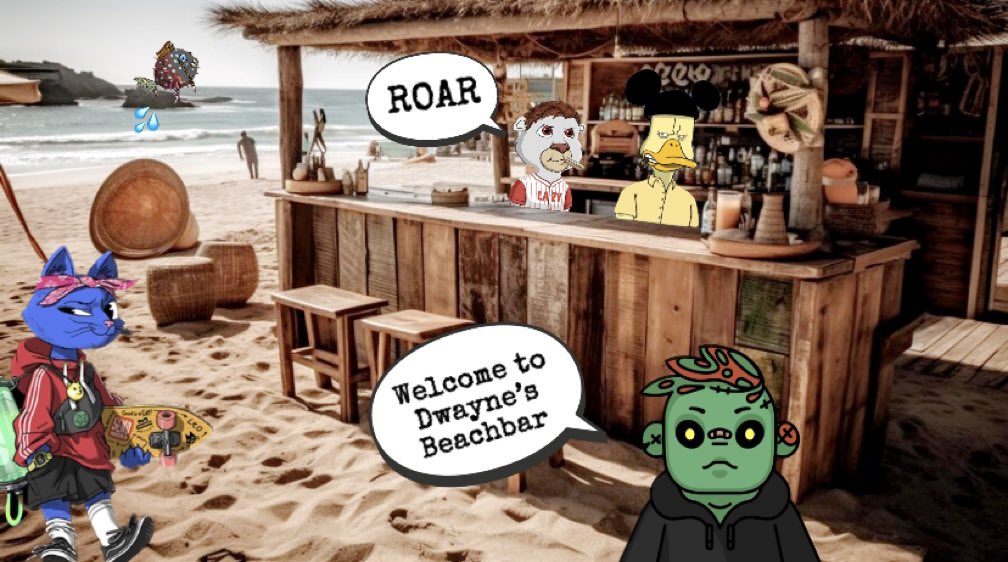 FG______5's tweet photo. It’s Sunday and time for Dwayne‘s Beachbar🍹🏝️

Who would like to be at this bar right now? Where are the strong Communities from @LazyLionsNFT, @MarsCatsVoyage, @NoncoDucks and @Deadfellaz?🔥

Can we still reach the 2K Follower today?? 🚀

#ROAR #DucksFlyTogether #NFTCommunity https://t.co/bES47P09zz