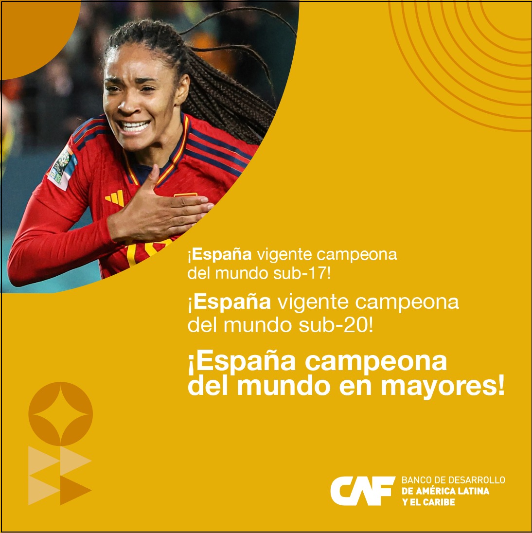 AgendaCAF's tweet photo. 🎉 ¡Histórico! 🇪🇸 España se ha coronado como la PRIMERA selección en toda la historia del fútbol femenino que logra ser vigente CAMPEONA DEL MUNDO en todas las categorías posibles: Sub-17, Sub-20 y Absoluta.

Una hazaña que no solo resalta la habilidad y la pasión en el campo, sino que también inspira a generaciones futuras a soñar en grande.

Desde @AgendaCAF, celebramos este triunfo monumental y felicitamos a las guerreras de este #PaísCAF que han llevado la bandera española a lo más alto del podio mundial.

¡Viva España! ¡Viva el fútbol femenino! ⚽