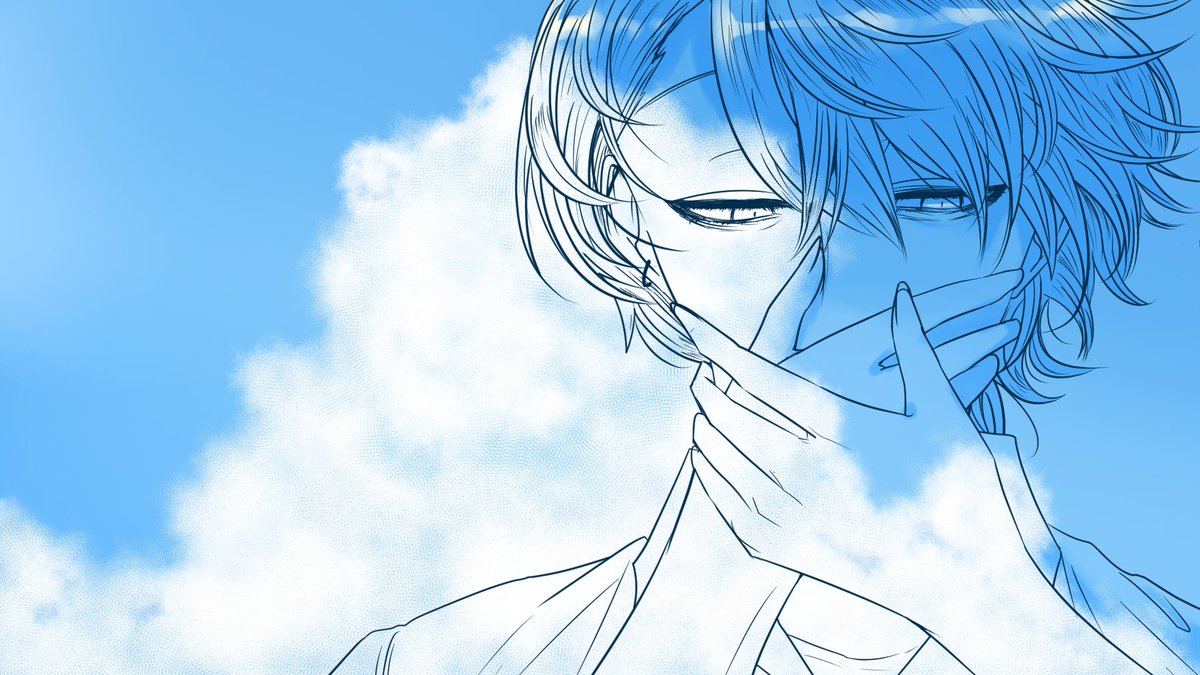 1boy cloud solo male focus sky short hair blue theme  illustration images