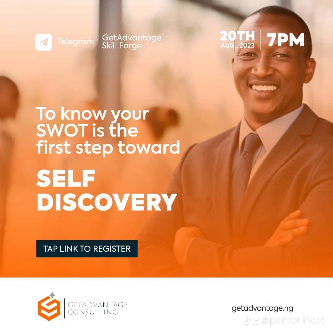 getadvantageng's tweet photo. It’s today, August 20th at 7 pm on Telegram.
Let's discover, understand, and make your SWOT make for you.
Copy the link and invite someone with you.
https://t.co/gkoKlLq1B3
#getadvantage #skill https://t.co/wvubqoWvvW