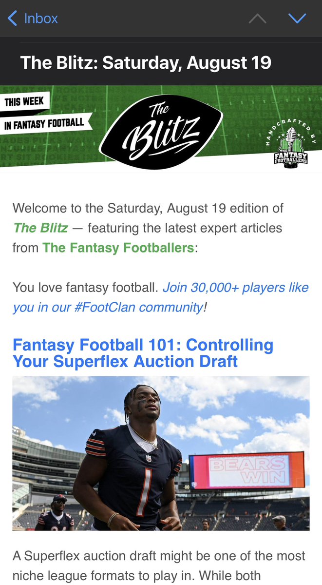 mpw270's tweet photo. Always cool to have your article at the top of @TheFFBallers “The Blitz” weekly email! https://t.co/ek09PeSnKP