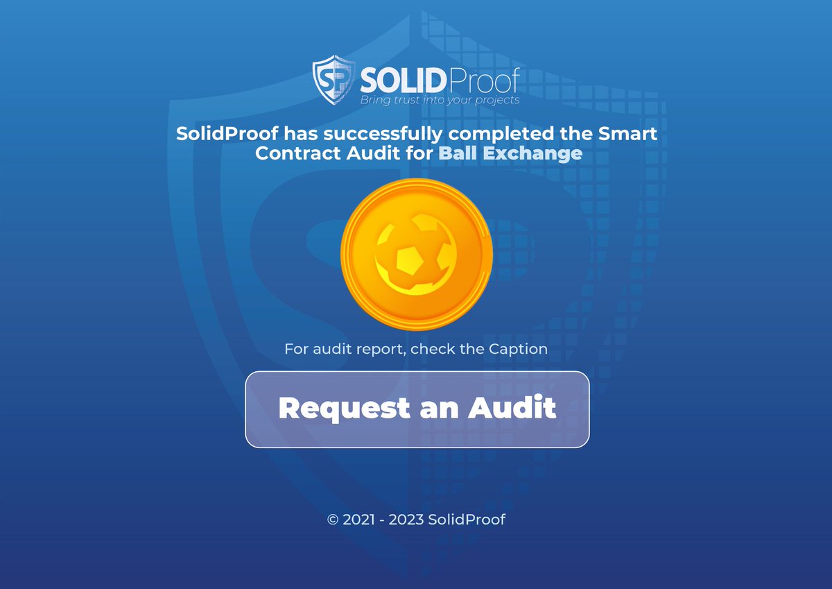 We are happy to announce that we have completed the smart contract audit for @BallShibarium

The contracts do not contain issues of high or medium criticality.

Check out the full audit report here:
github.com/solidproof/pro…

Need an audit or KYC?
solidproof.io/contact