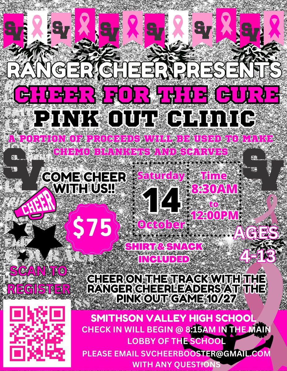 💗📣💗 The wait is over!! Register now for our PINK 🎀 OUT Clinic! 💗📣💗 #futurerangercheerleaders #pinkout #svrangercheer