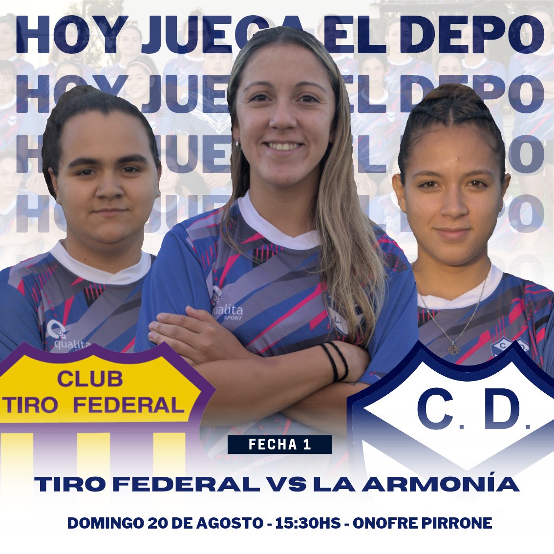 #Femenino ⚽️ | 📢 ¡𝙃𝙊𝙔 𝙅𝙐𝙀𝙂𝘼 𝙀𝙇 𝘿𝙀𝙋𝙊! 🥳

🏆 Torneo Clausura - Fecha 1️⃣.
🆚️ Tiro Federal Vs La Armonía.
🗓 Domingo 20 de agosto.
🏟 Estadio: Onofre Pirrone.
⏱ Hora: 15:30hs.
👨🏻‍⚖️ Árbitro: Silvana Aranda (ARDA).

#𝗦𝗼ñ𝗲𝗺𝗼𝘀𝗝𝘂𝗻𝘁𝗼𝘀 💫
#VamosDepo 💙
