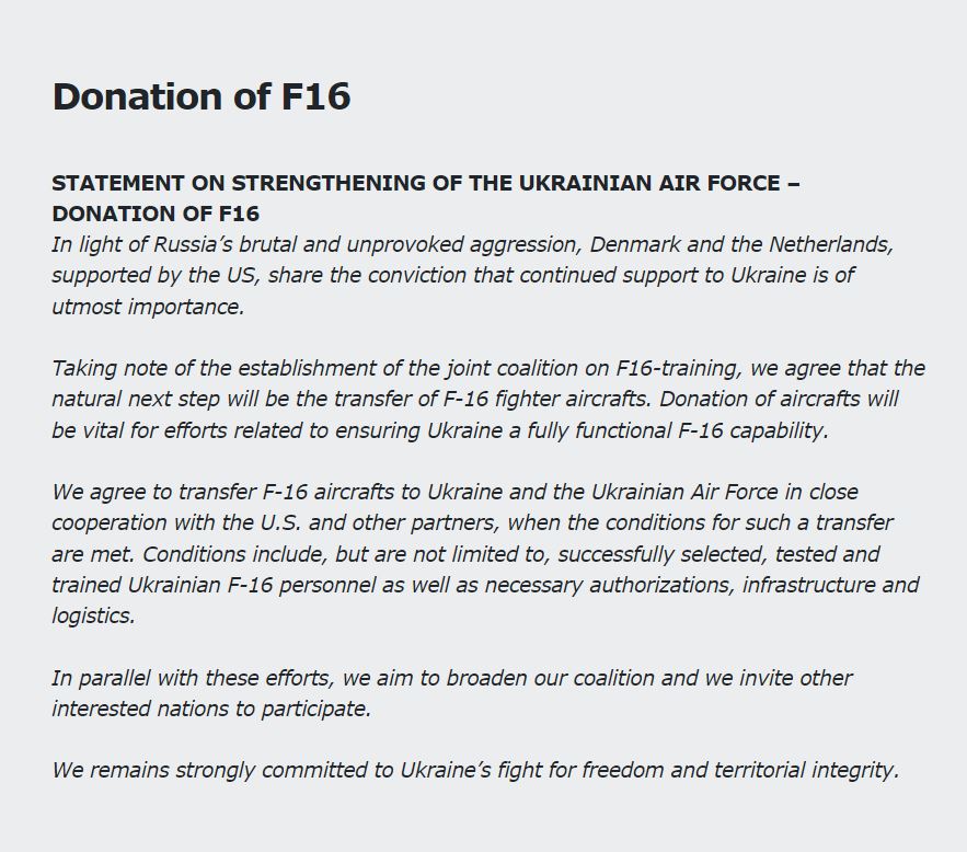 STATEMENT ON STRENGTHENING OF THE UKRAINIAN AIR FORCE – DONATION OF F16