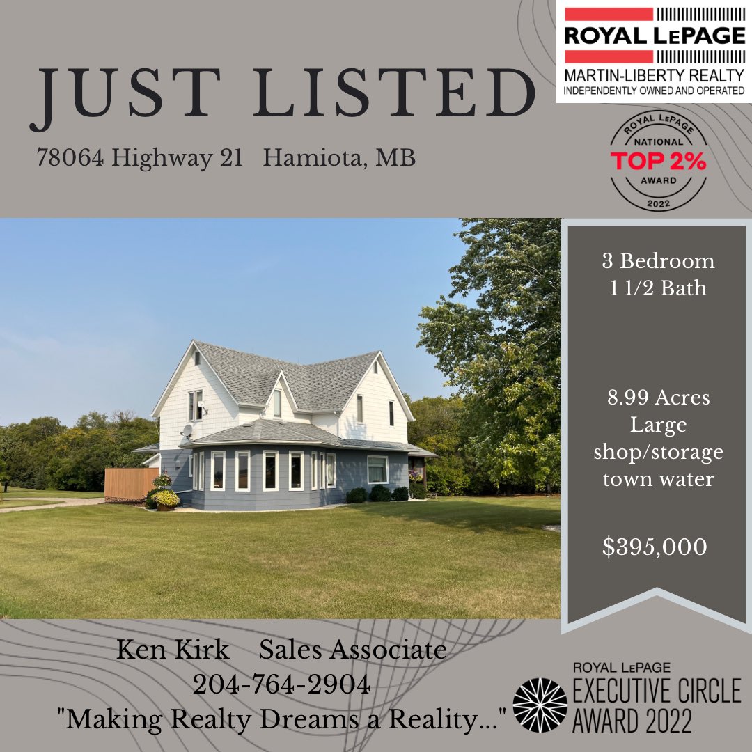 New Listing Hamiota!  A great opportunity to own an acreage right off the highway. A very well maintained home and yard!  3 bedroom 1 1/2 baths juts over 2000 sf of living space with an additional three season room. Large barn turn into storage and shop!  Municipal water!