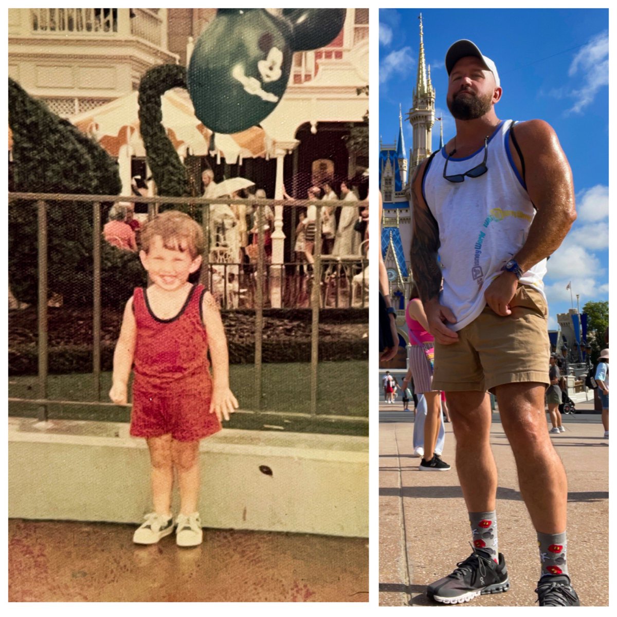 TomBoySC's tweet image. Then vs Now. Me at Walt Disney World at age 2 and me now at Disney last week! #WaltDisneyWorld #bearded #tattoo