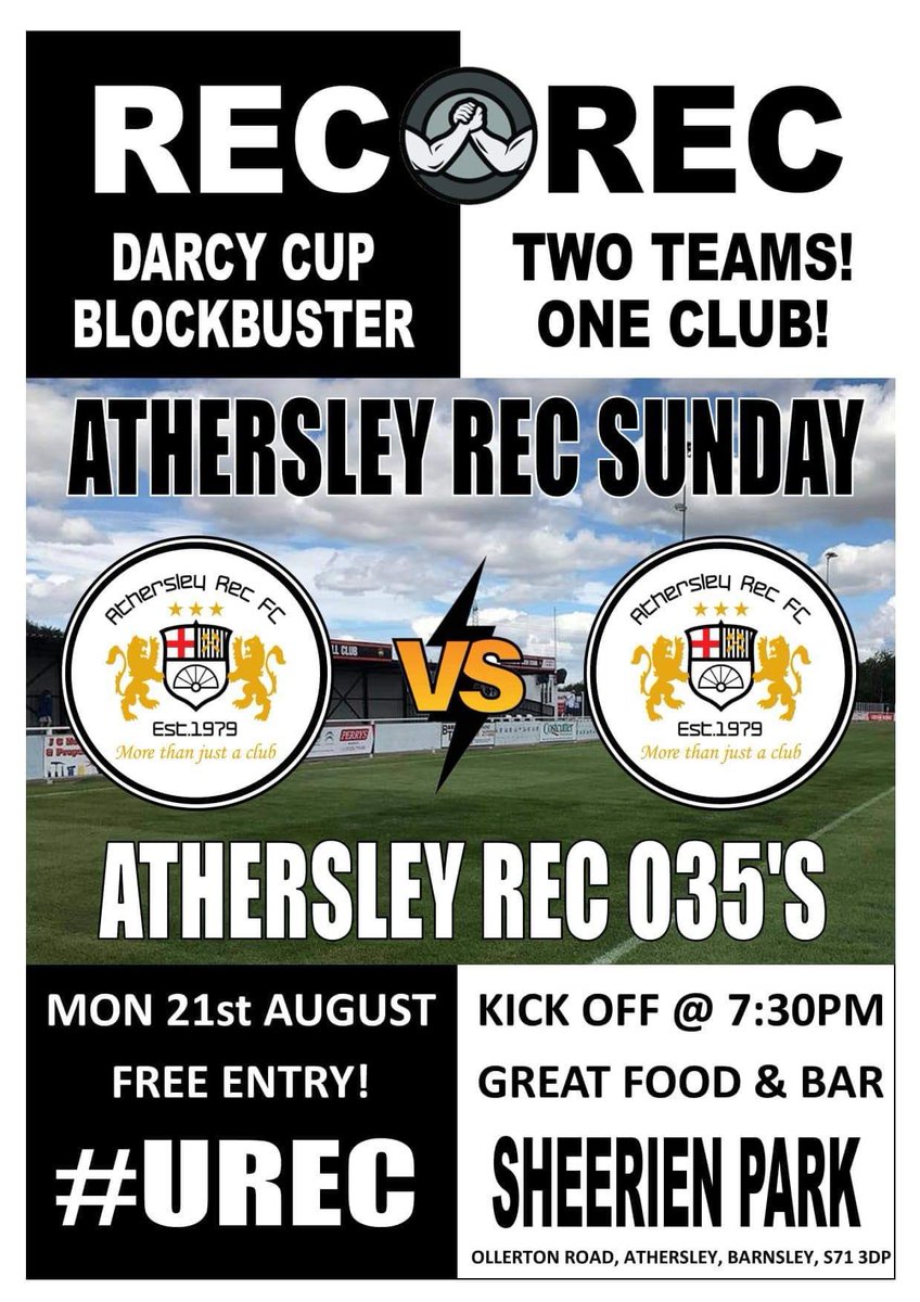 AthersleyRecFC's tweet photo. 💪 Tomorrow evening, we’ve got some Darcy Cup Blockbuster action for you down at Sheerien Park!

⏱️ KO 7:30pm | 🎟️ FREE ENTRY!

#TwoTeamsOneClub | #YouRec https://t.co/HaBKw90EKO