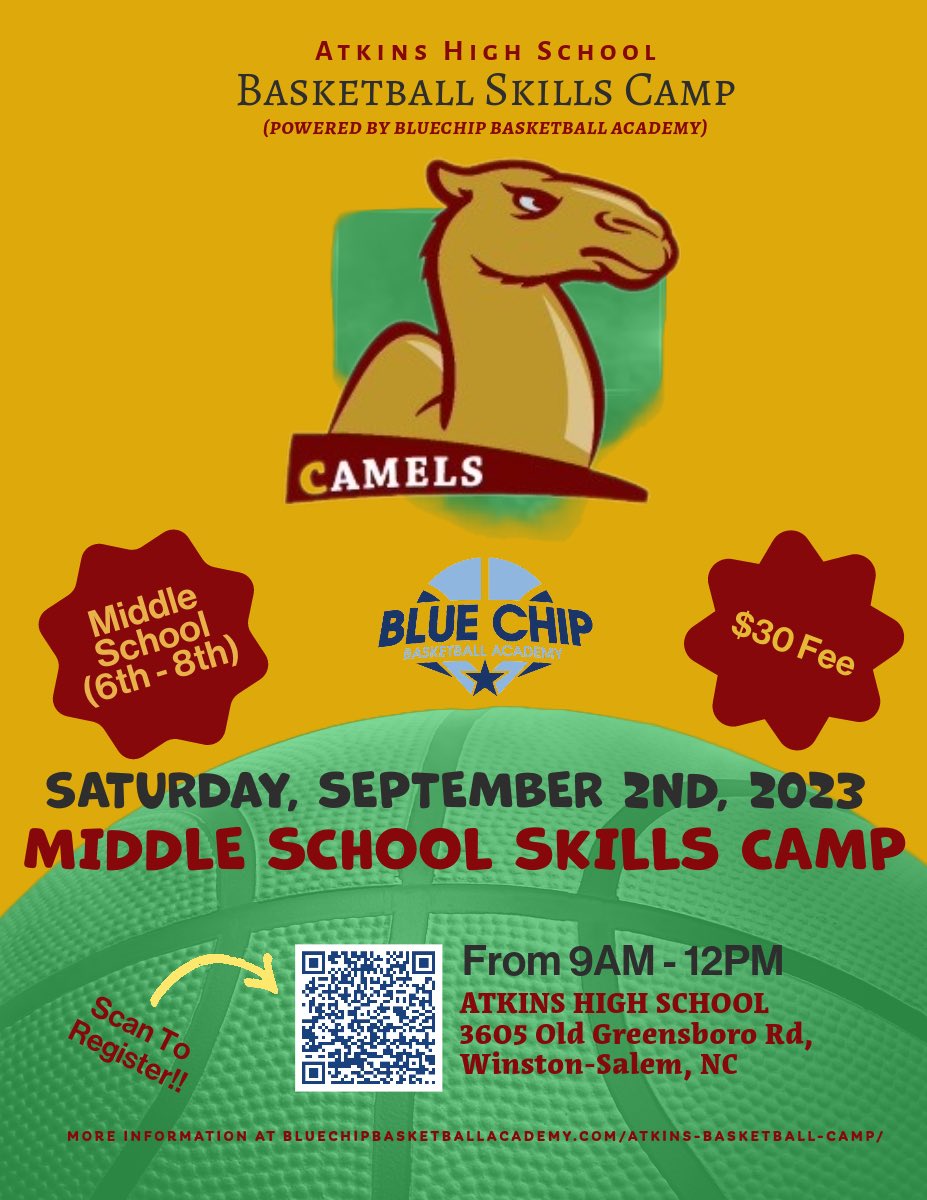 🚨FUNDRAISER🚨

🏀 Middle School Skills Camp ⛹️‍♀️⛹️‍♂️

🗓️ Saturday, September 2nd, 2023

📍The Oasis (Atkins High School Gym)

🎟️ $30

MORE INFO;
bluechipbasketballacademy.com/atkins-basketb…