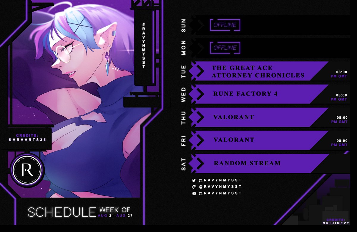 Ravynmysst's tweet photo. 𝓦𝓮𝓮𝓴 𝓢𝓬𝓱𝓮𝓭𝓾𝓵𝓮:  
New sched is out and hopefully you guys can come and chill with me~

See you there!  
Mwuah mwuah~ 💜 

General: #RavynMysst
Live: #RavyOn
Art: #RitzyRav 

#PHVtuber #ENVtuber #Vtubers #VtuberUprsing https://t.co/BJ1YIcNqpt