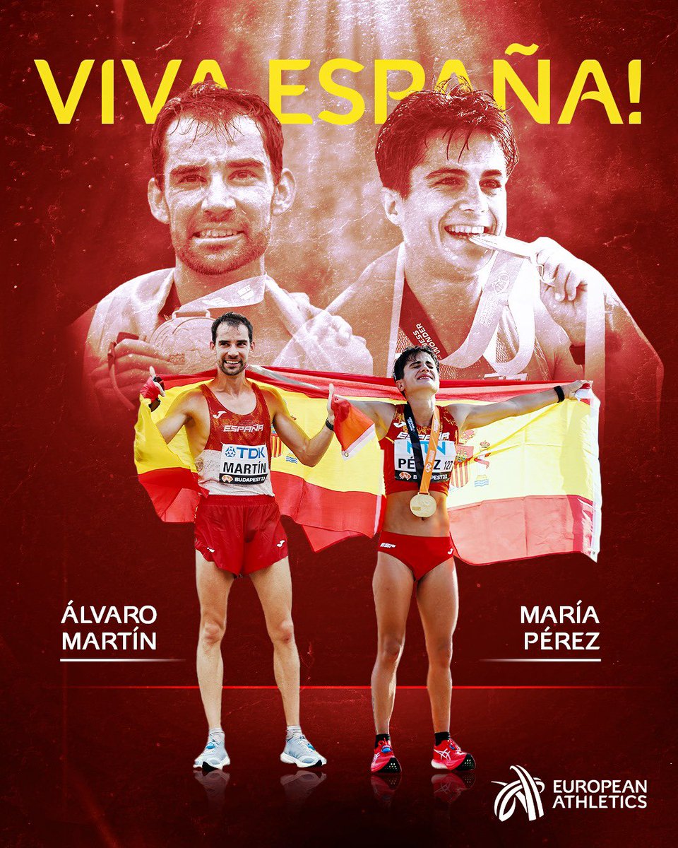 Spain reigns in the 20km race walk at the #WorldAthleticsChamps! 🇪🇸👑 

Alvaro Martin and Maria Perez complete a golden double in Budapest! ✨