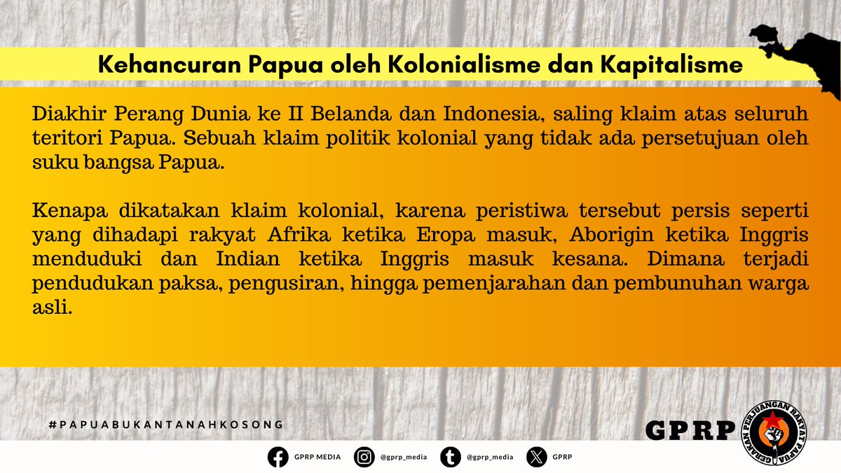 GPRP2022's tweet photo. Kolonialisme dan kapitalisme adalah akar penindasan di Papua.
#gerakan_perjuangan_rakyat_papua
#gprp
#gerakanperjuanganrakyatpapua
#akarpenindasanpapua
#kolonialismepapua
#kapitalismepapua
#lawankolonialismekapitalisme
#papuabukantanahkosong https://t.co/ZaSRDNNmBE
