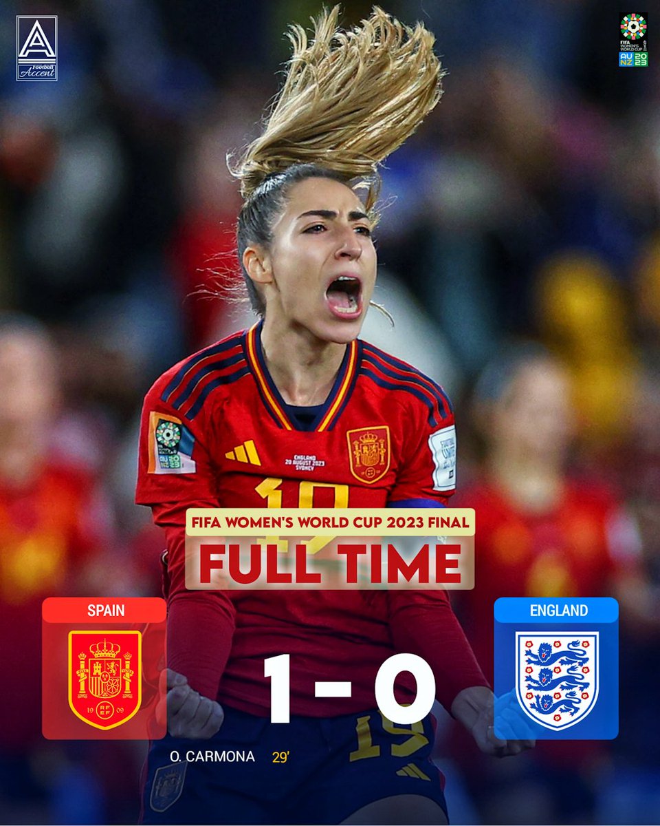 FootballAccent's tweet photo. CHAMPIONS...🥇🏆

@SEFutbolFem  wins the FIFA WOMEN'S WORLD CUP 2023 by beating England in the final by 1-0 ... O. Carmona netted the winner ...

#FIFAWWC #WomensFootball #FIFA #FIFAWomensWorldCup #ShePower #Spanish #Spain #Spainfootball #FootballAccent #KeepSmiling https://t.co/d93tTPzCeb