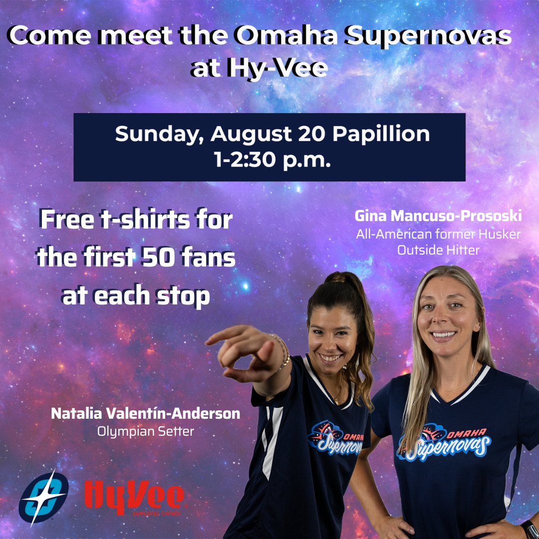 OmahaSupernovas's tweet image. Stop by the @HyVee in Papillion TODAY from 1-2:30 p.m. to meet @gmancuso18 and Natalia Valentín-Anderson.🤩

The first 50 fans to come say hi 👋 will get a free t-shirt, so don't miss out!

#OmahaSupernovas #OurTime #REALprovb #realProVolleyball #Omaha #NeProVb #FreeTshirt