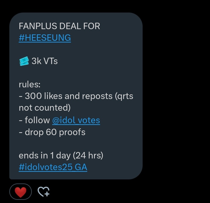 FANPLUS DEAL FOR #HEESEUNG 

🎟 3k VTs 

rules:
- 300 likes and reposts (qrts not counted)
- follow @idol_votes
- drop 60 proofs 

ends in 1 day (24 hrs)
#ENVOOSTERS #ENFuelUp
