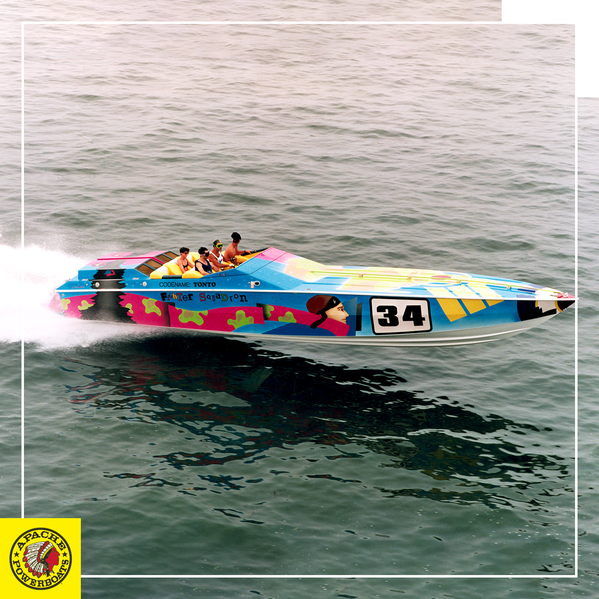ApachePowerboat's tweet photo. “Fighter Squadron” was an Apache 41’ with hand-painted commemorative artwork across the hull designed specifically to meet the clients' requests and powered by twin staggered 900 horsepower engines. #ApachePowerboats #Apache #Powerboats #Boats #OffshoreBoating #FighterSquadron https://t.co/L4GhjlDwBW