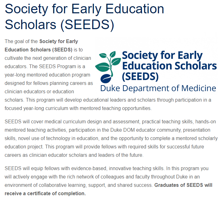 Duke Kidney (@dukekidney) on Twitter photo Fellows will have the opportunity to join the <a href="/Duke_SEEDS/">Duke Society for Early Education Scholars</a> program led by our PD <a href="/Nephro_Sparks/">Matthew Sparks, MD</a>
to develop educational leaders & scholars through participation in a focused year-long curriculum with mentored teaching opportunities
medicine.duke.edu/education-and-… Fellows will have the opportunity to join the <a href="/Duke_SEEDS/">Duke Society for Early Education Scholars</a> program led by our PD <a href="/Nephro_Sparks/">Matthew Sparks, MD</a>
to develop educational leaders & scholars through participation in a focused year-long curriculum with mentored teaching opportunities
medicine.duke.edu/education-and-…