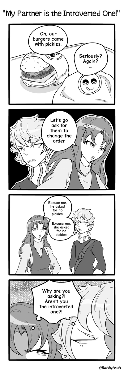 Bahbyhruh's tweet photo. My Partner is the Introverted One!
A couple who convinces themselves that the other is the introverted one of the relationship.
#comic #digitalart
#DigitalArtist #originalcharacter #oc #fourpanels https://t.co/jDU0QAlRQX
