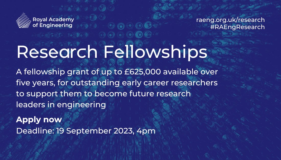 Want to take your research career to the next level? #RAEngResearch Fellowships are designed for early-career researchers, offering up to £625k funding and support for researchers based at UK research institutes and universities. To apply, visit: raeng.org.uk/programmes-and…