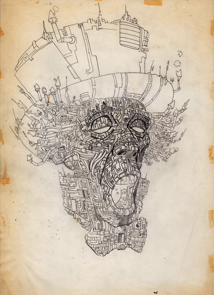 Brett Ewins original drawing of the floating Mad Hatter head from Freakwave, partially inked.
Eclipse Comics  1984