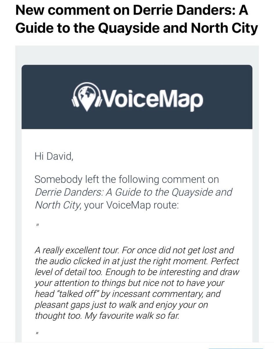 DerrieDanders's tweet image. A recent positive review on one of wider city range of audio tours on VoiceMap.
Why not try for yourself by checking out the VoiceMap App or website VoiceMap.me and downloading a tour.
#derriedanders #voicemap #visitderry