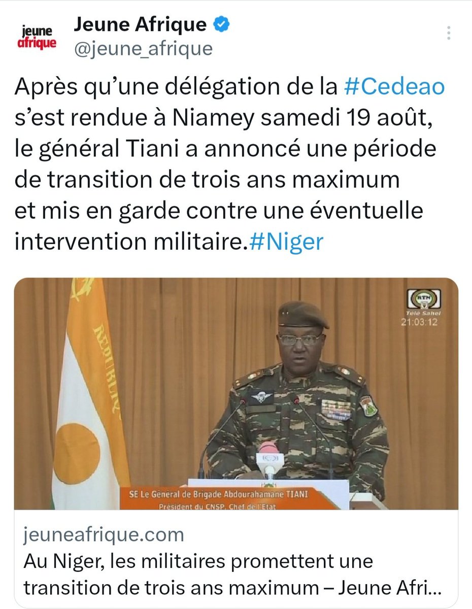 AlySarraly7's tweet photo. Le pro-russe #Thiani doit immédiatement libérer #Bazoum pour sortir le Niger qu’il a mis dans la tourmente par un #coup d’ #etat totalement absurde et inattendu au Niger. Sinon il risque la prison à vie.
Lui et ses troupes ont failli à leur maison, qui est securi des pplts et ... https://t.co/Y2c7YgTIol