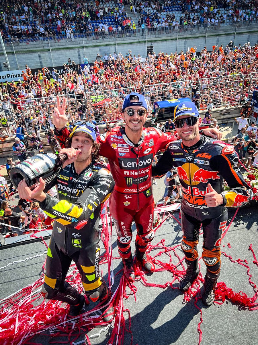 Podium party at the Red Bull Ring! 🎉

🥇 <a href="/PeccoBagnaia/">Pecco Bagnaia</a> 
🥈 <a href="/BradBinder_33/">Brad Binder</a> 
🥉 <a href="/Marco12_B/">Marco Bezzecchi #12</a> 

#AustrianGP 🇦🇹