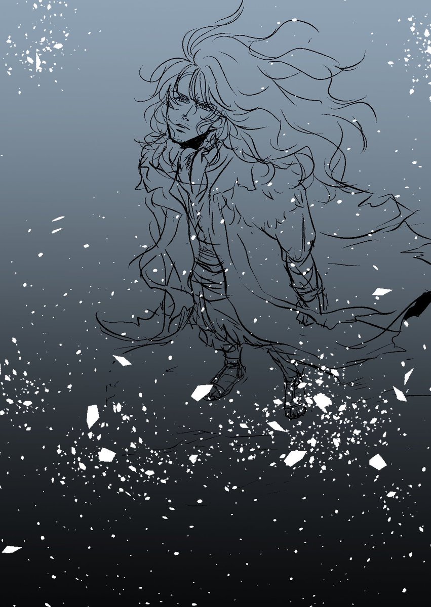 【寒波】
線画のみで失礼します。寒波といえばエンバーグロウかな……。
地面の雪を書き込んだんですが色で消えてしまいました💦
 #オクトラ1d1w