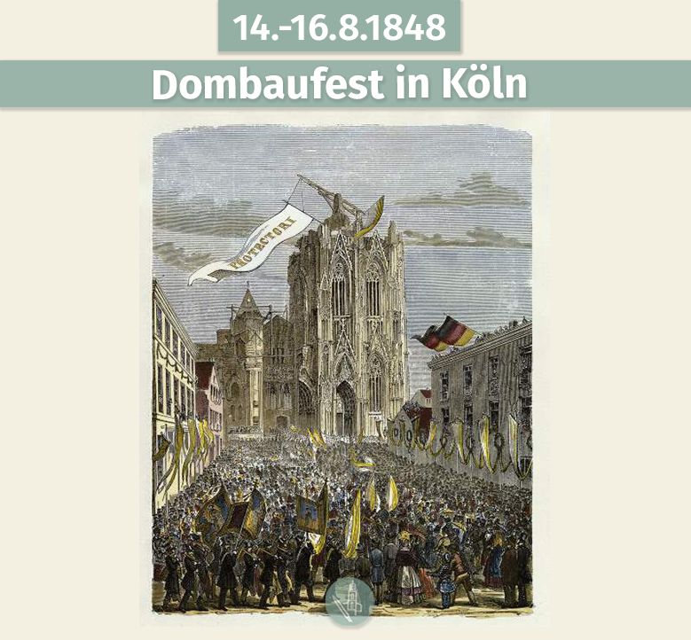Szenenwechsel von Frankfurt nach Köln: Am Rhein feiern 600 Jahre nach der Grundsteinlegung des Kölner Doms 1248 fast 30.000 Menschen vom 14. bis zum 16. August 1848 das Dombaufest. Auch über 300 Abgeordnete sind mit ihren Familien nach Köln gereist.➡️posting-paulskirche.de/?entry=1393