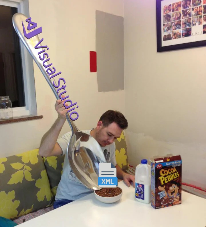 Giant spoon (Visual Studio) used on a small bowl of cereal (XML file)