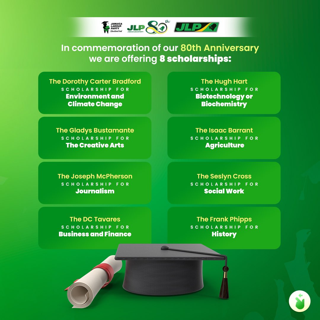 If you're a Jamaican National aged 17 to 25 with a passion for academics &amp; a commitment to community and country, this opportunity is for you!

This year we are offering 8 scholarships:

Head to jamaicalabourparty.com/scholarship to apply before August 25, 2023. #JLPScholarships #Education