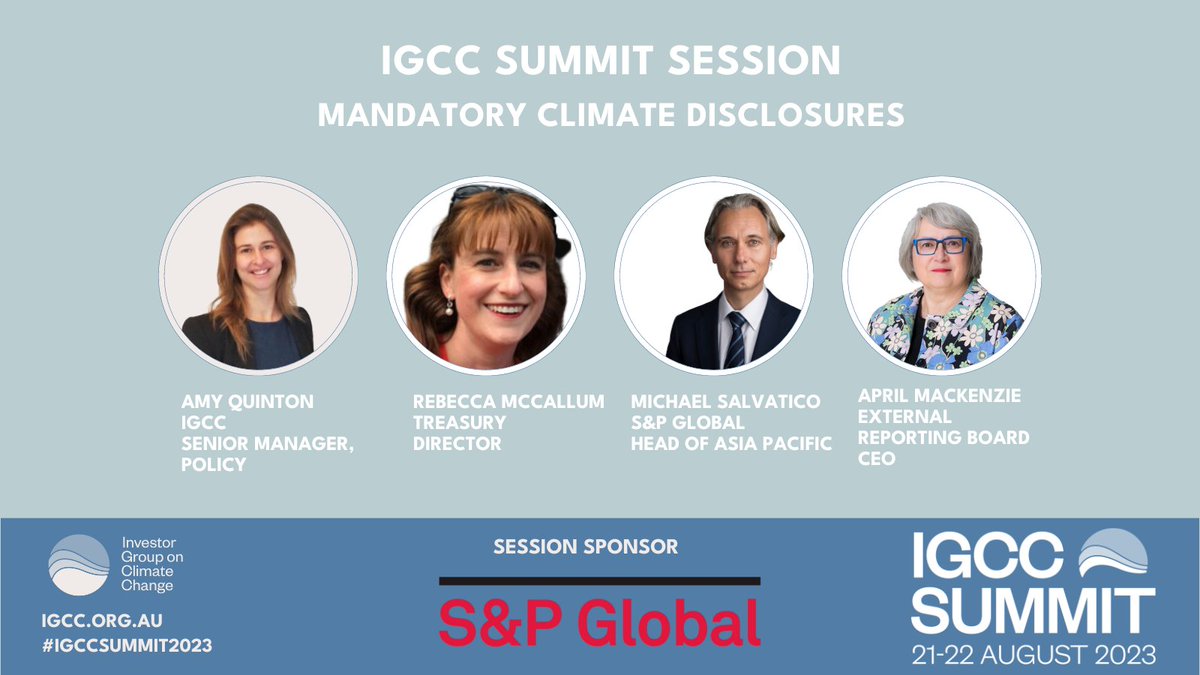 Tomorrow's climate disclosures panel discussion at the #IGCCSummit2023 will provide a deep dive into the ever-evolving realm of mandatory climate-related disclosures in ANZ & globally.

We are a proud media partner & looking forward to see you tomorrow!

bit.ly/3Kt25Si