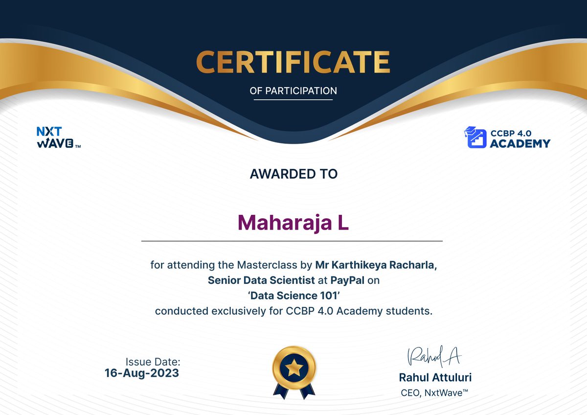 Maharajal36's tweet photo. Hello Everyone.. ☺

I have received a certificate 📜 of participation in the Masterclass Mr Karthikeya Racharla, Senior Data Scientist at #paypal 💶. 

" Data Science 101 "

#ccbp #nxtwave #podcast #ccbpan #nxtwaveteam #ccbpacademy #rahulattuluri #DataScience #preparation https://t.co/DdkgLqZygx