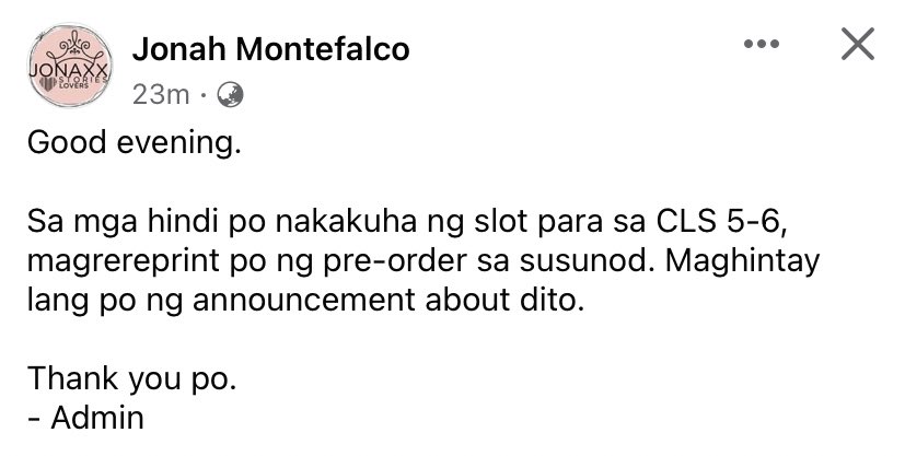 Jonaxxthebest's tweet photo. Wag niyo na bilin yung mga overpriced. Magrereprint naman sila Ate J.

(Jonah M) https://t.co/mHqCvDIbcK