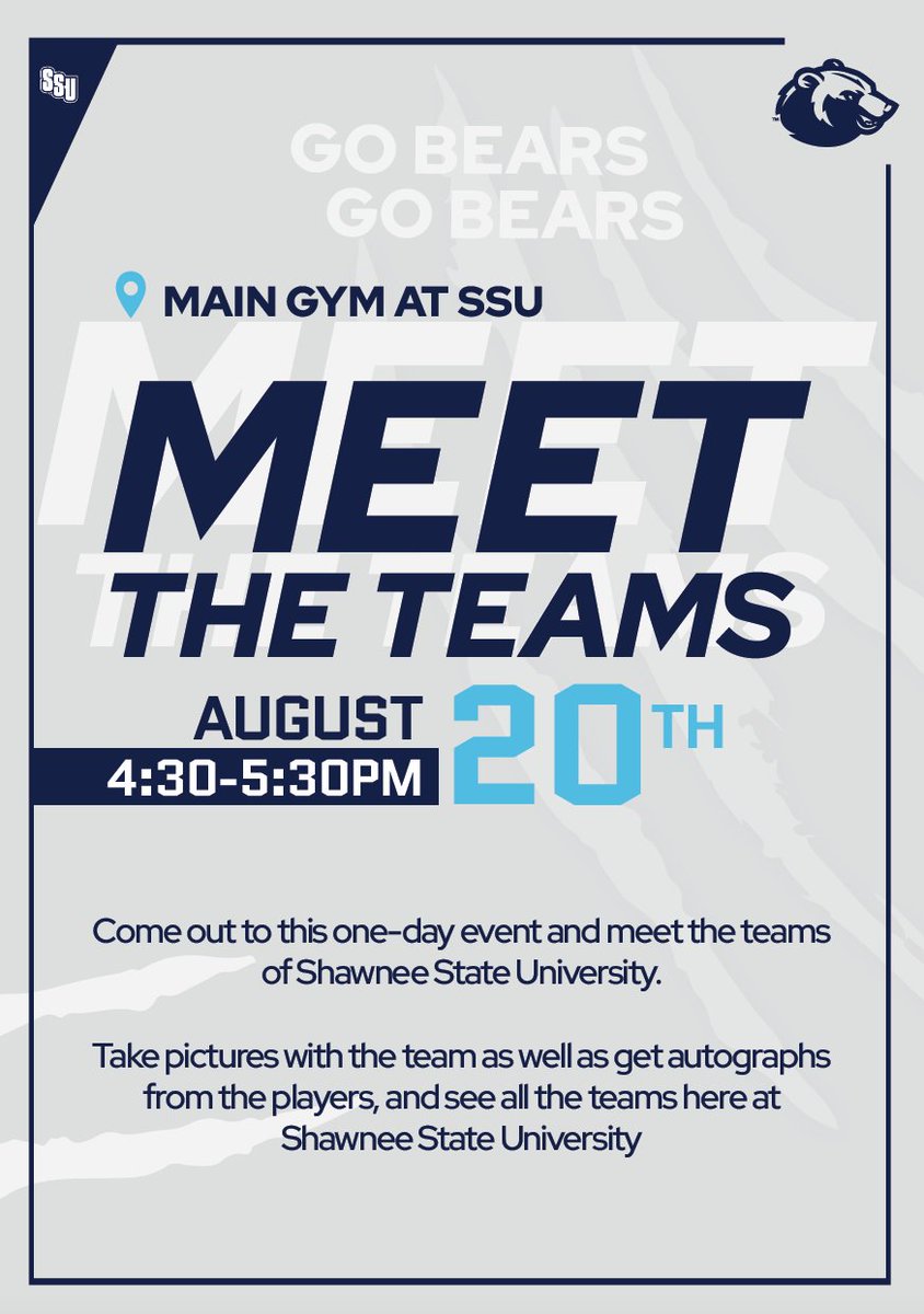 SSUAlumni's tweet photo. Alumni β come Meet the Teams today at 4:30 p.m.! π»π
Reconnect with past coaches, meet new faces, and introduce your families to the #SSUBears! π https://t.co/rT9earz1wP